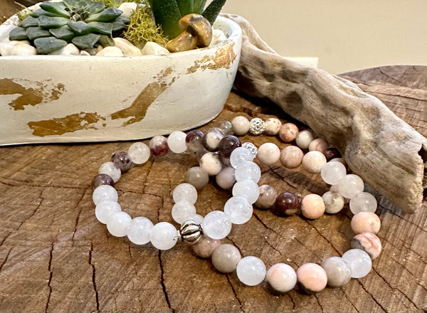 Fancy Beads - 8mm Rose Quartz &  Pink Zebra Matte Jasper White Jade