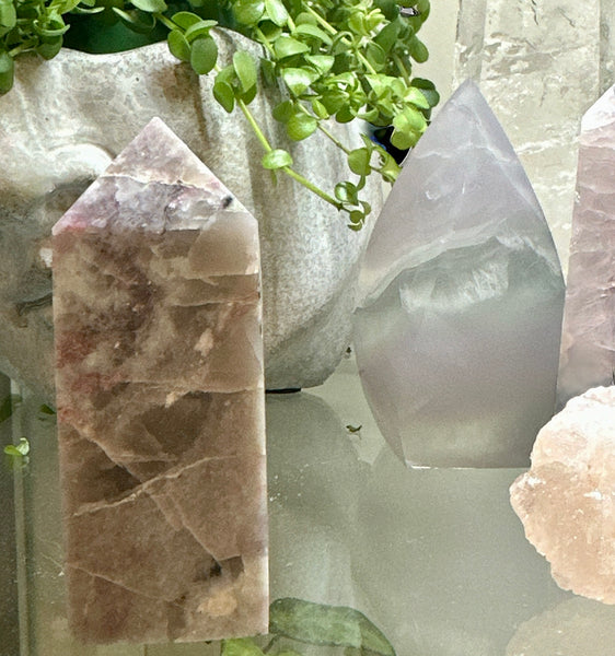 Kelowna Crystal Cave - polished plum tourmaline stones of various shades of pink and white, displayed on a surface, with a plant in the background.