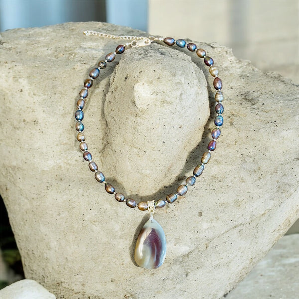 My Two Daughters Jewelry - Purple Banded Agate Pendant with Freshwater Pearls Necklace 16 inch with 2" extender