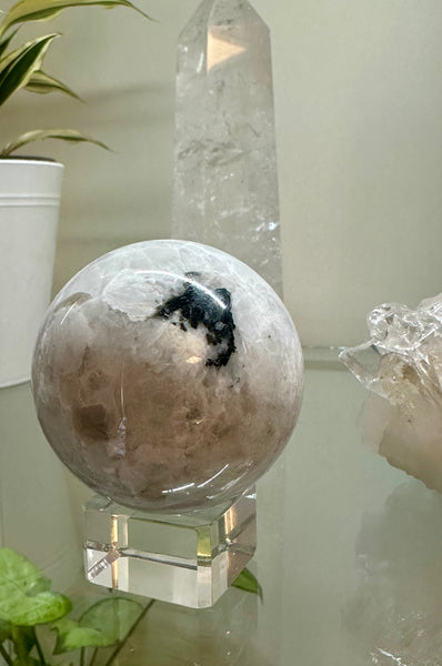 Kelowna Crystal Cave - Rainbow Moonstone Sphere and Clear Quartz Tower