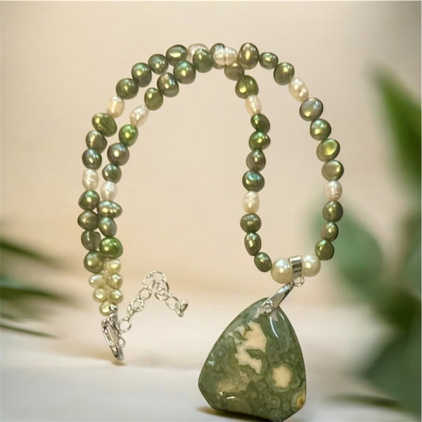My Two Daughters Jewelry - Rainforest Jasper Pendant & Freshwater Pearl Necklace 16 inches with 2"extender