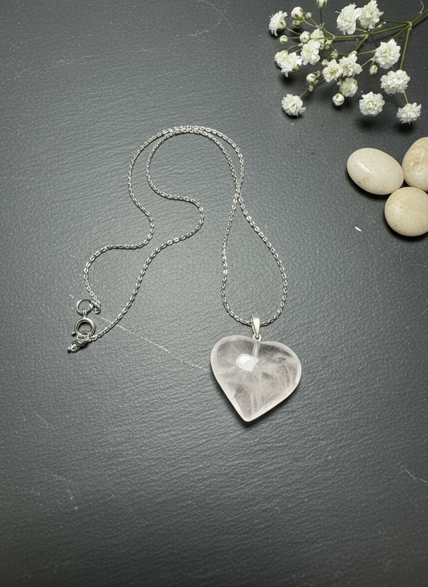 My Two Daughters Jewelry - Heart-shaped crystal pendant necklace on a dark surface with small white flowers and stones.