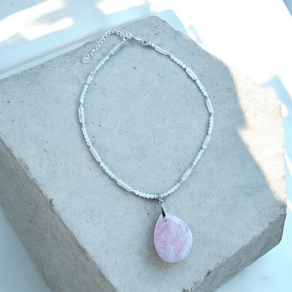 My Two Daughters Jewelry - Rose Quartz Pendant and Faceted Bead Necklace