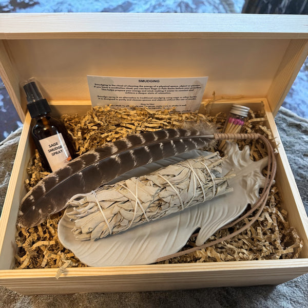TRUE ART KELOWNA - Smudging kit with sage, feather, matches and Liquid Smudge in a wooden box.