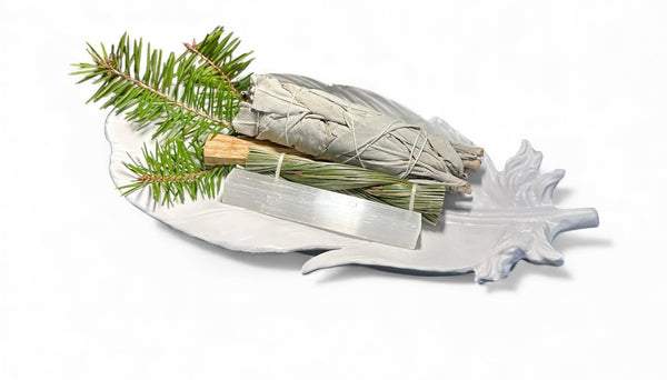 TRUE ART KELOWNA - Sage and Sweetgrass with palo santo and selenite on a white feather tray