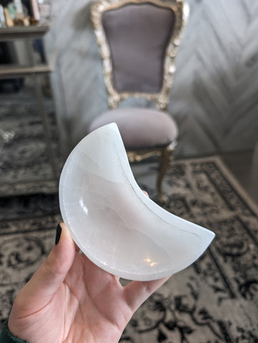 Kelowna Crystal Cave - Selenite Moon Bowl In Hand