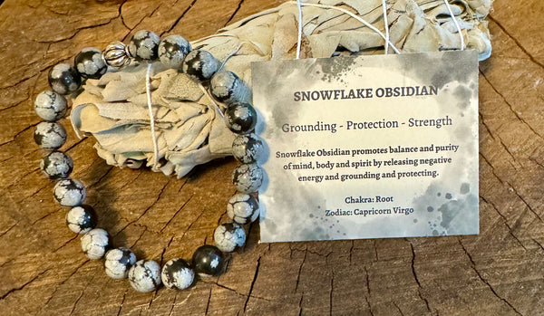 My Two Daughters Jewelry - Snowflake Obsidian 8mm Beaded Bracelet on Sage