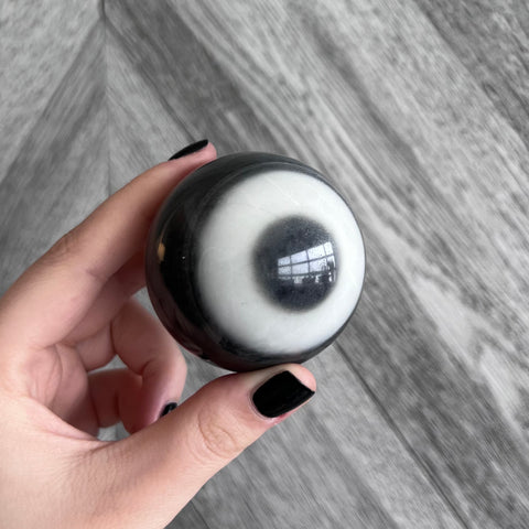 Kelowna Crystal Cave - A person's hand holding a spherical object with a black and white color pattern, which is a Taiji Jasper crystal.