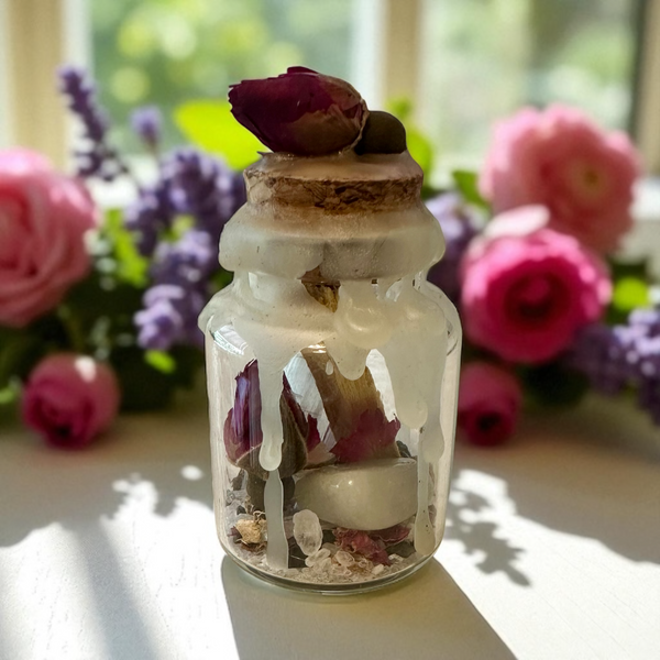 Kelowna Crystal Cave - Decorative jar with flowers and a small crystlas against a floral background