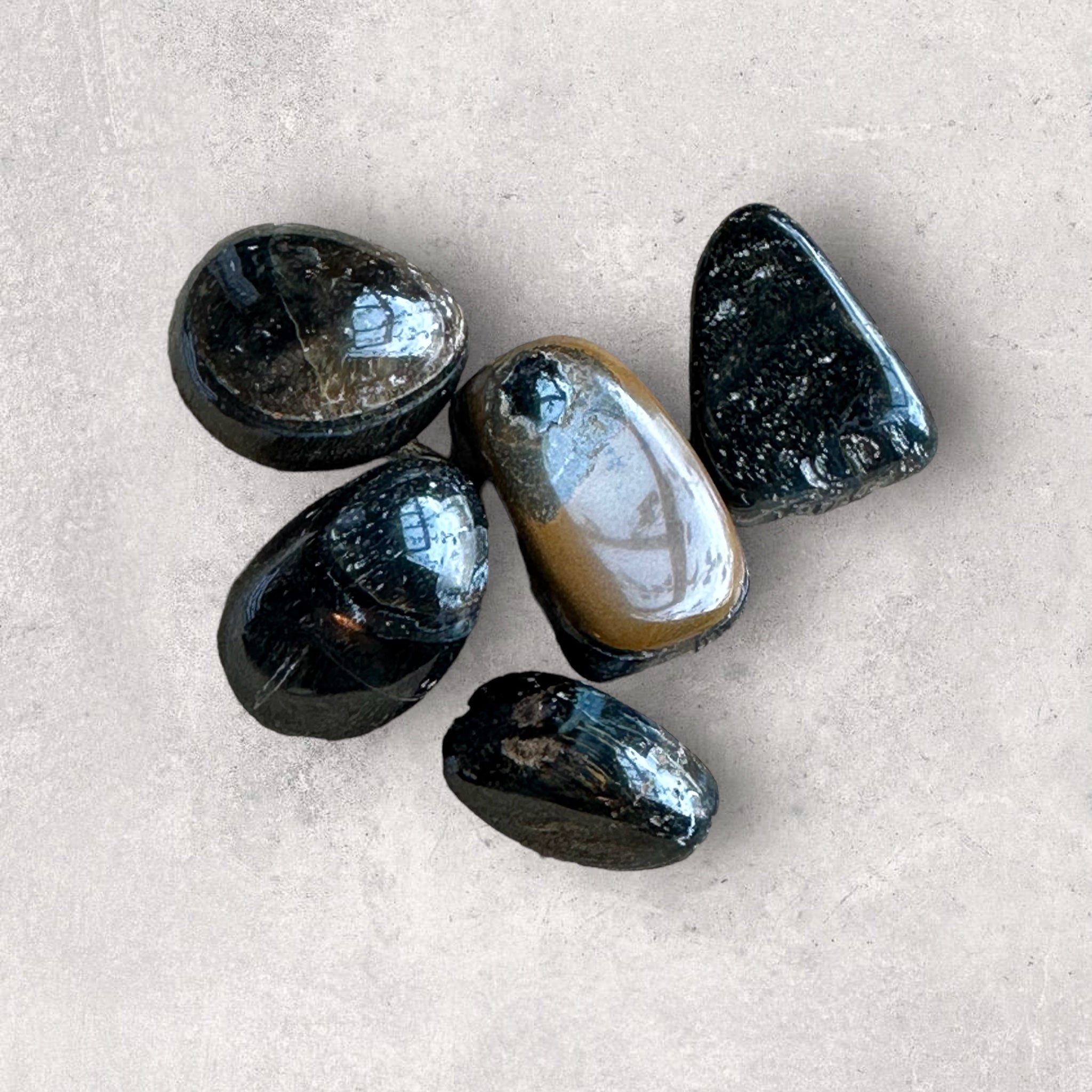 Kelowna Crystal Cave - A collection of polished black sardonyx stones of various shades placed on a grey surface.