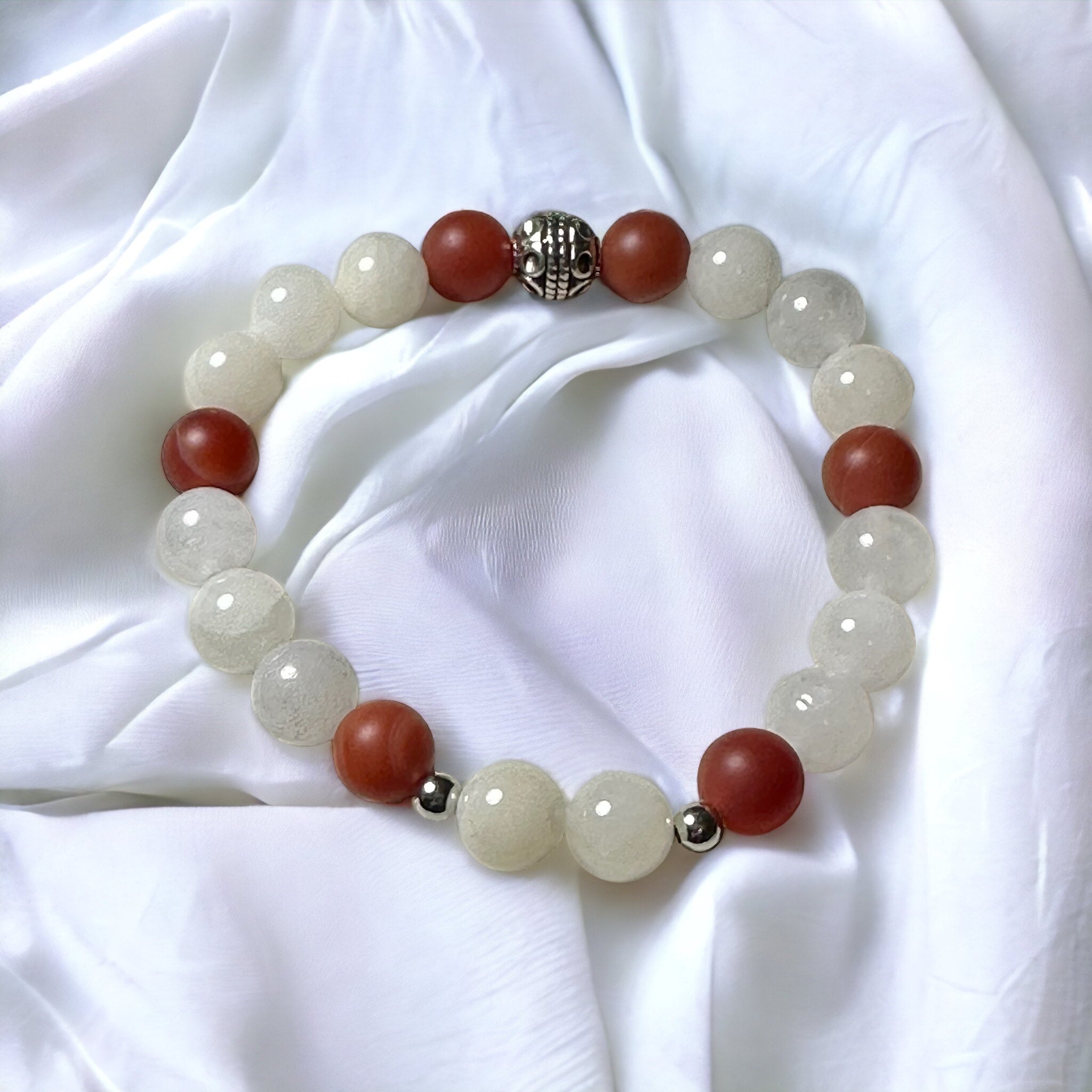 My Two Daughters Jewelry - Carnelian & White Jade Bracelet with Silver Spacer