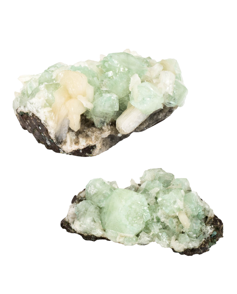 Kelowna Crystal Cave - Green Apophyllite crystal cluster with a heart-like shape, showing various shades of green and a white calcite-like material.