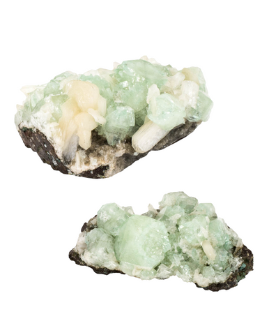 Kelowna Crystal Cave - Green Apophyllite crystal cluster with a heart-like shape, showing various shades of green and a white calcite-like material.