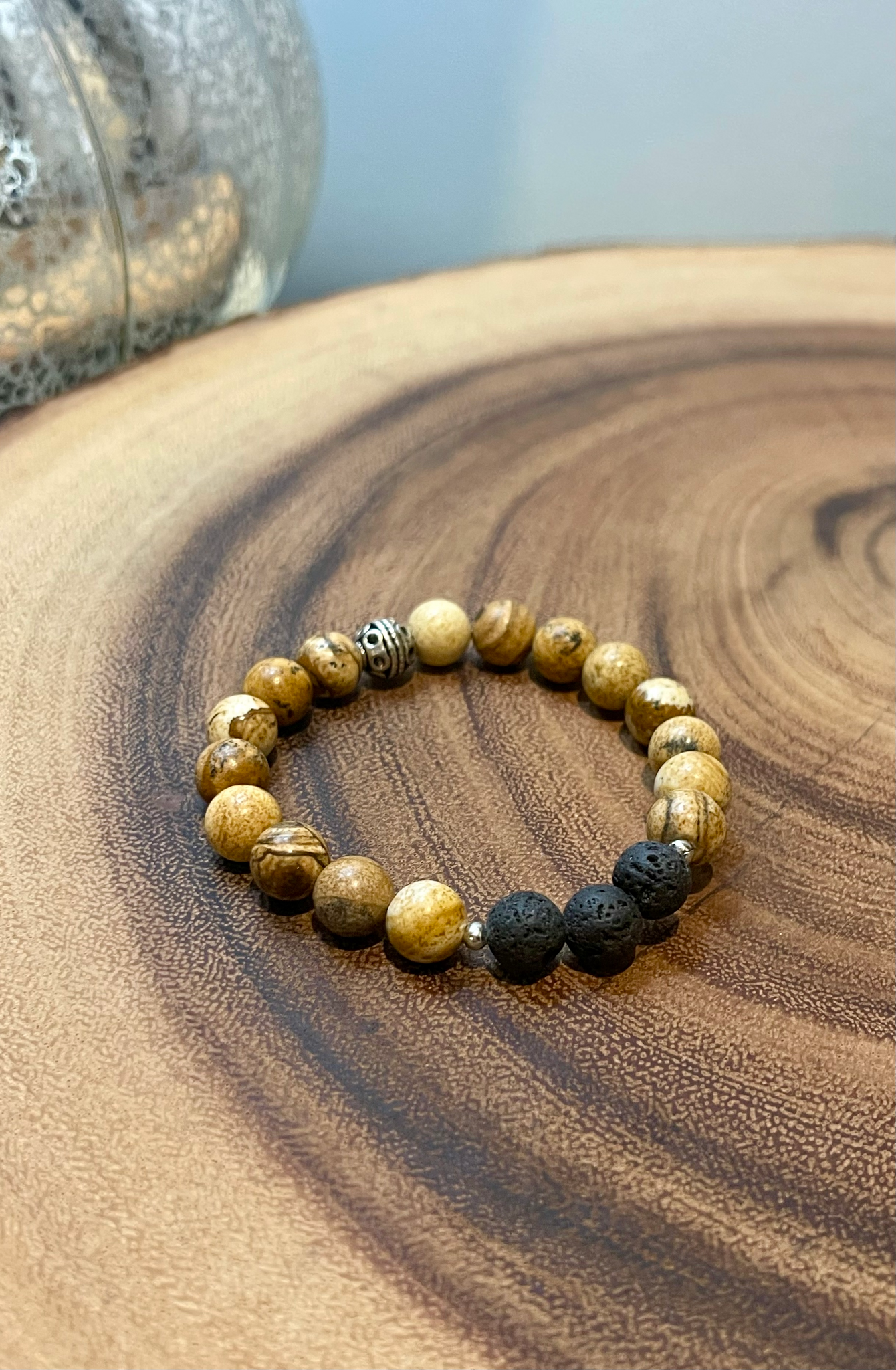 Fancy Beads - 8 mm Picture Jasper & Black Lava Stone Essential Oil Bracelet