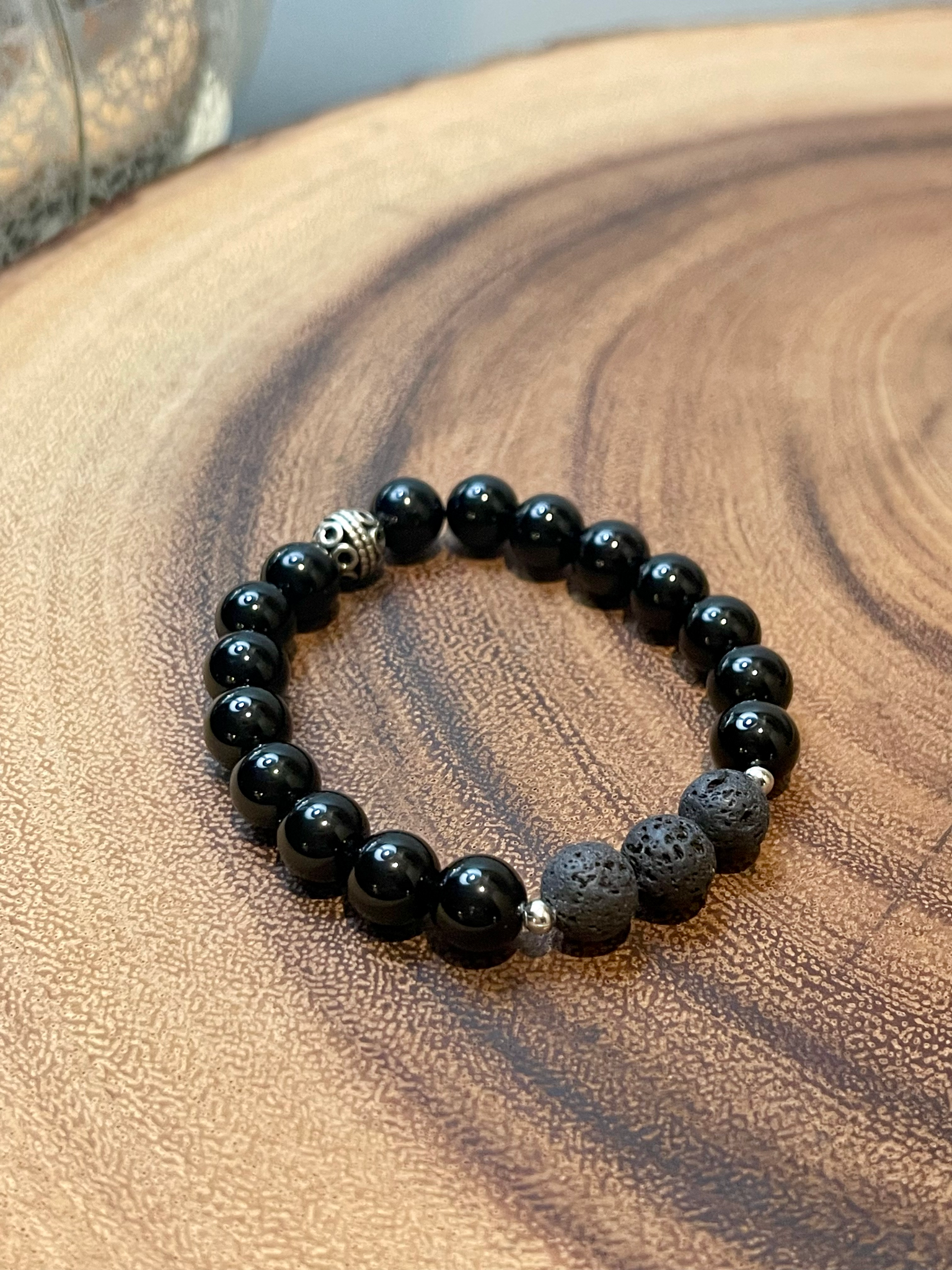 Fancy Beads - 8mm Black Obsidian & Black Lava Stone Essential Oil Bracelet