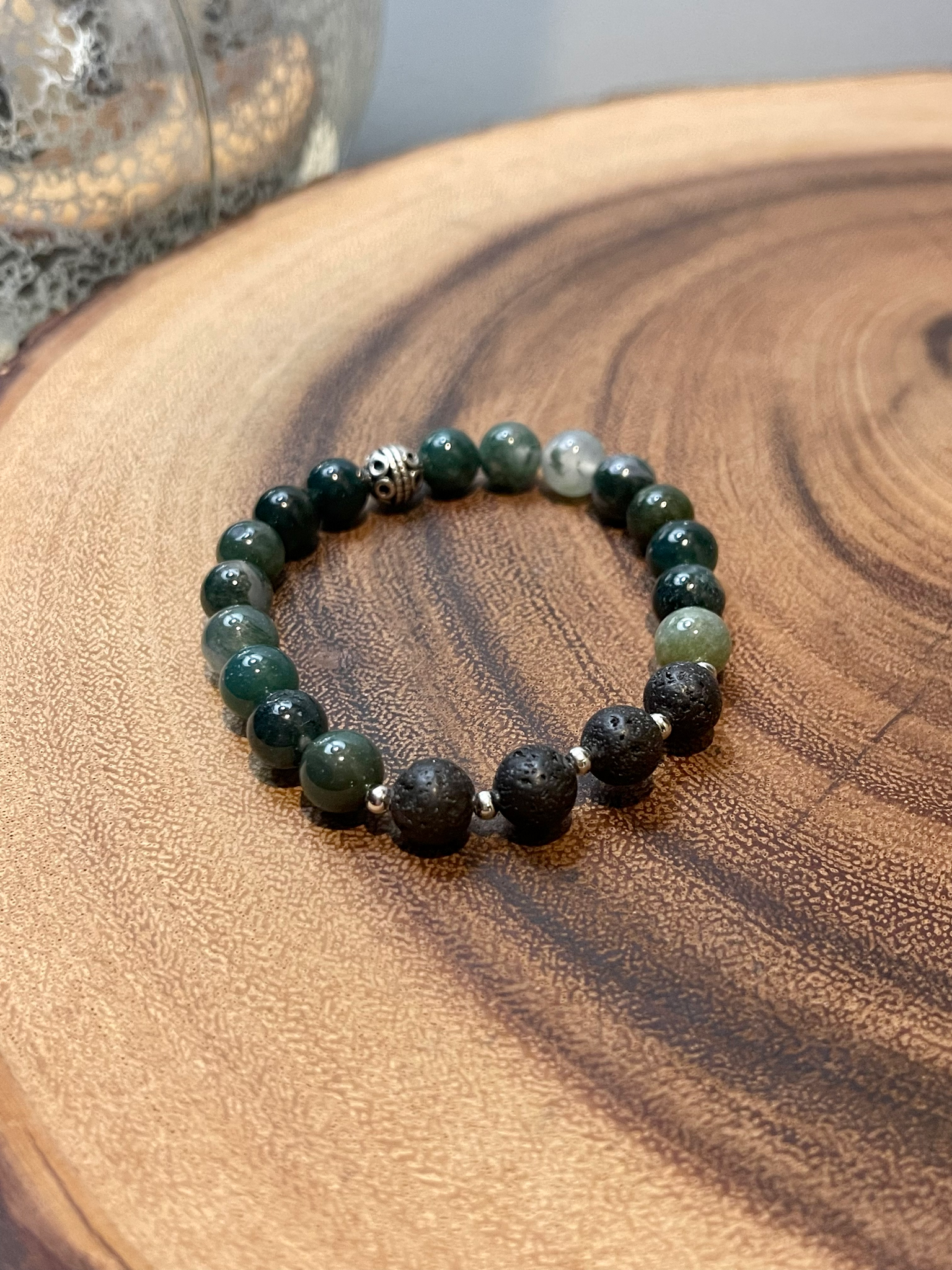 Fancy Beads - Moss Agate & Black Lava Stone 8mm Bracelet