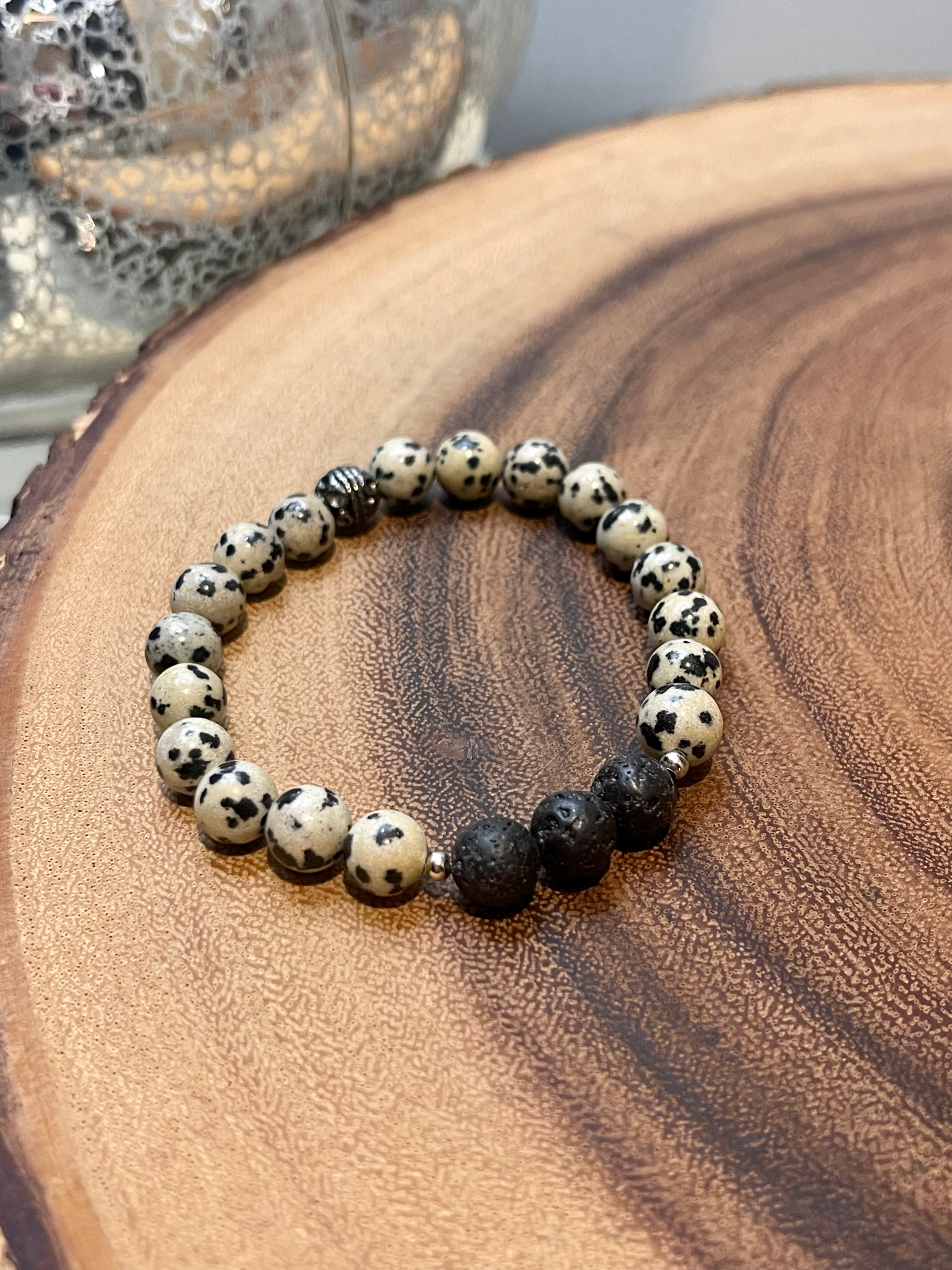 Fancy Beads - 8 mm Dalmation Jasper & Black Lava Stone Essential Oil Bracelet