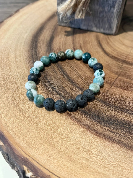 Fancy Beads - 8 mm Tree Agate & Lava Stone Essential Oil Bracelet