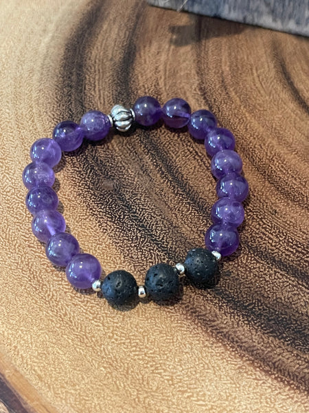 Fancy Beads - 8 mm Amethyst & Lava Stone Essential Oil Bracelet