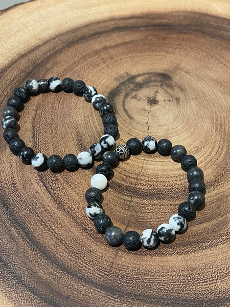 Fancy Beads - 8 mm Black Zebra Jasper & Lava Stone Essential Oil Bracelet