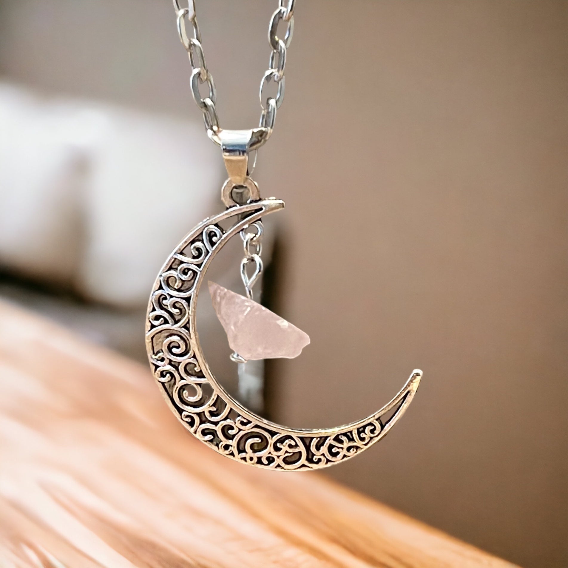 Fancy Beads - Rose Quartz Crescent Moon Necklace