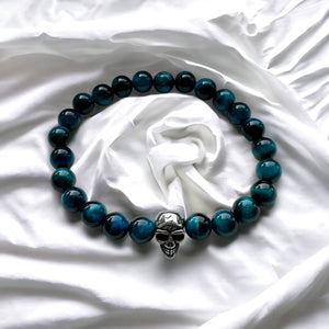 Fancy Beads - Mens Blue Ink Tigers Eye with Silver Skull 8mm Bracelet