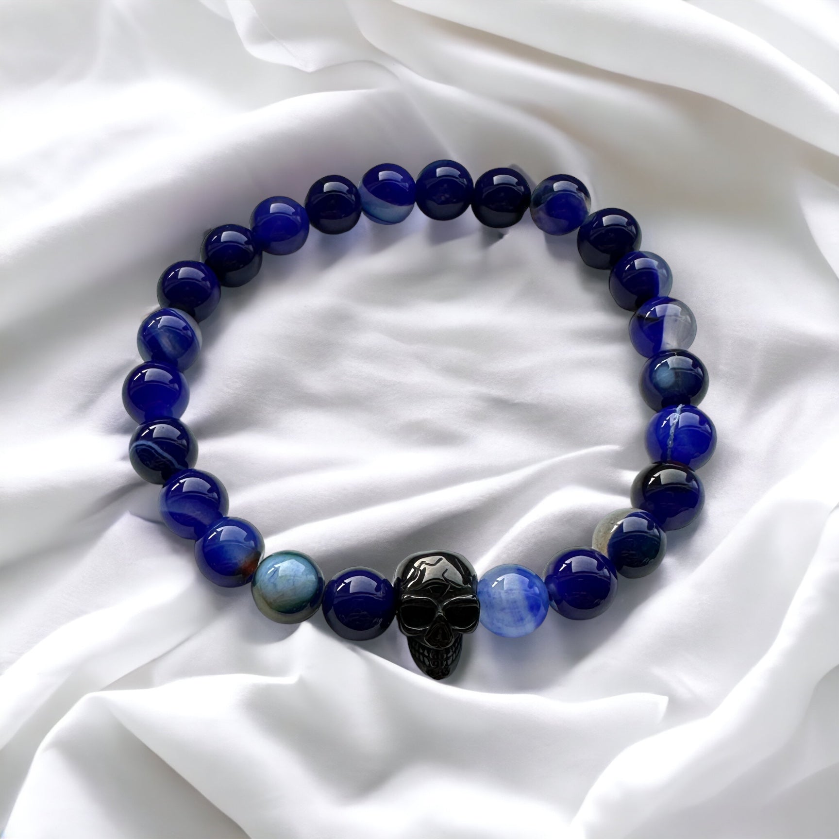 Fancy Beads - Mens Blue Banded Agate with Black Skull 8mm Bracelet