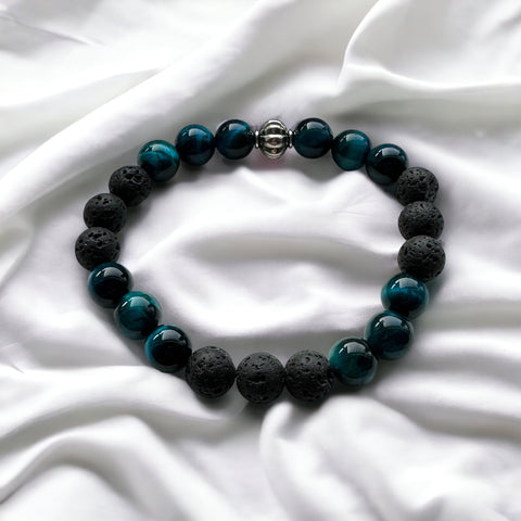 Fancy Beads - Blue Ink Tigers Eye & Lava 8mm Essential Oil Bracelet