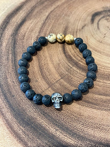 Fancy Beads - Mens Picture Jasper Lava & Skull Bracelet 8MM