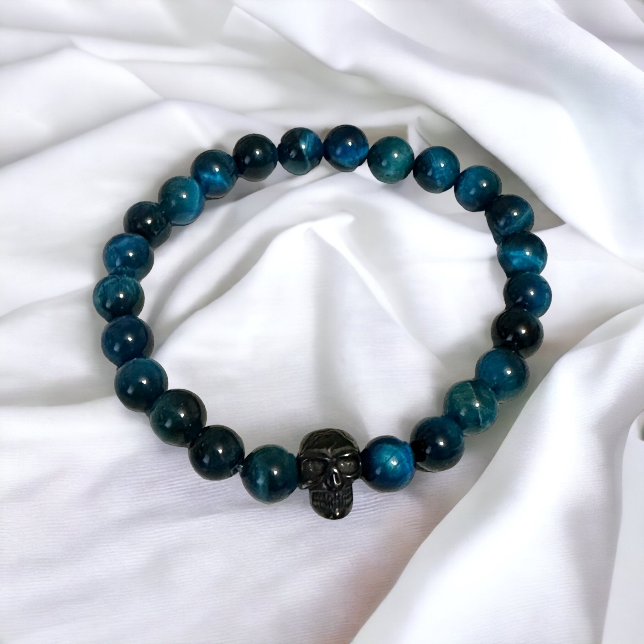 Fancy Beads - Mens Blue Ink Tigers Eye with Black Skull 8mm Bracelet