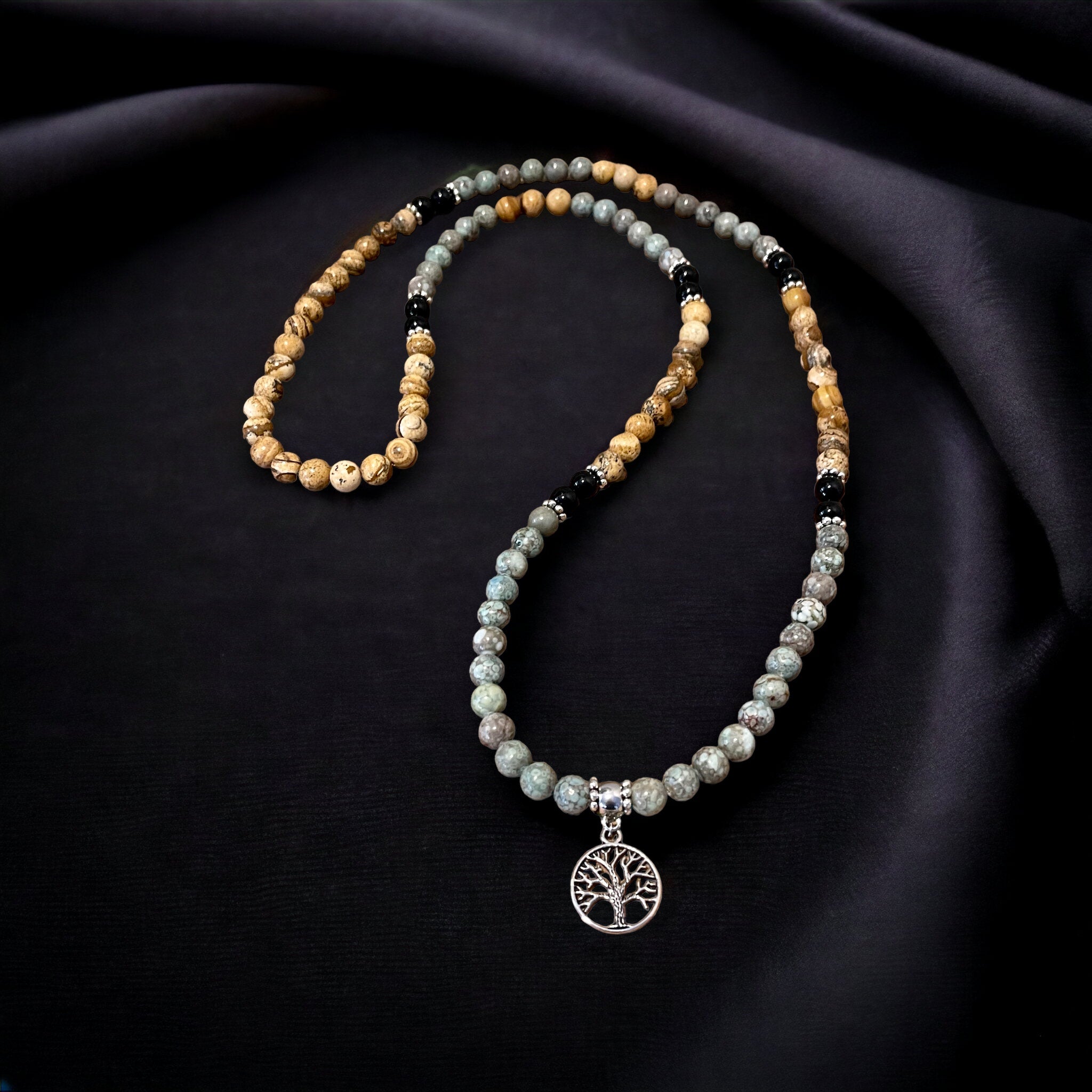 Fancy Beads - Maifanite, Onyx, Picture Jasper 108 Mala Bead Tree of Life Necklace