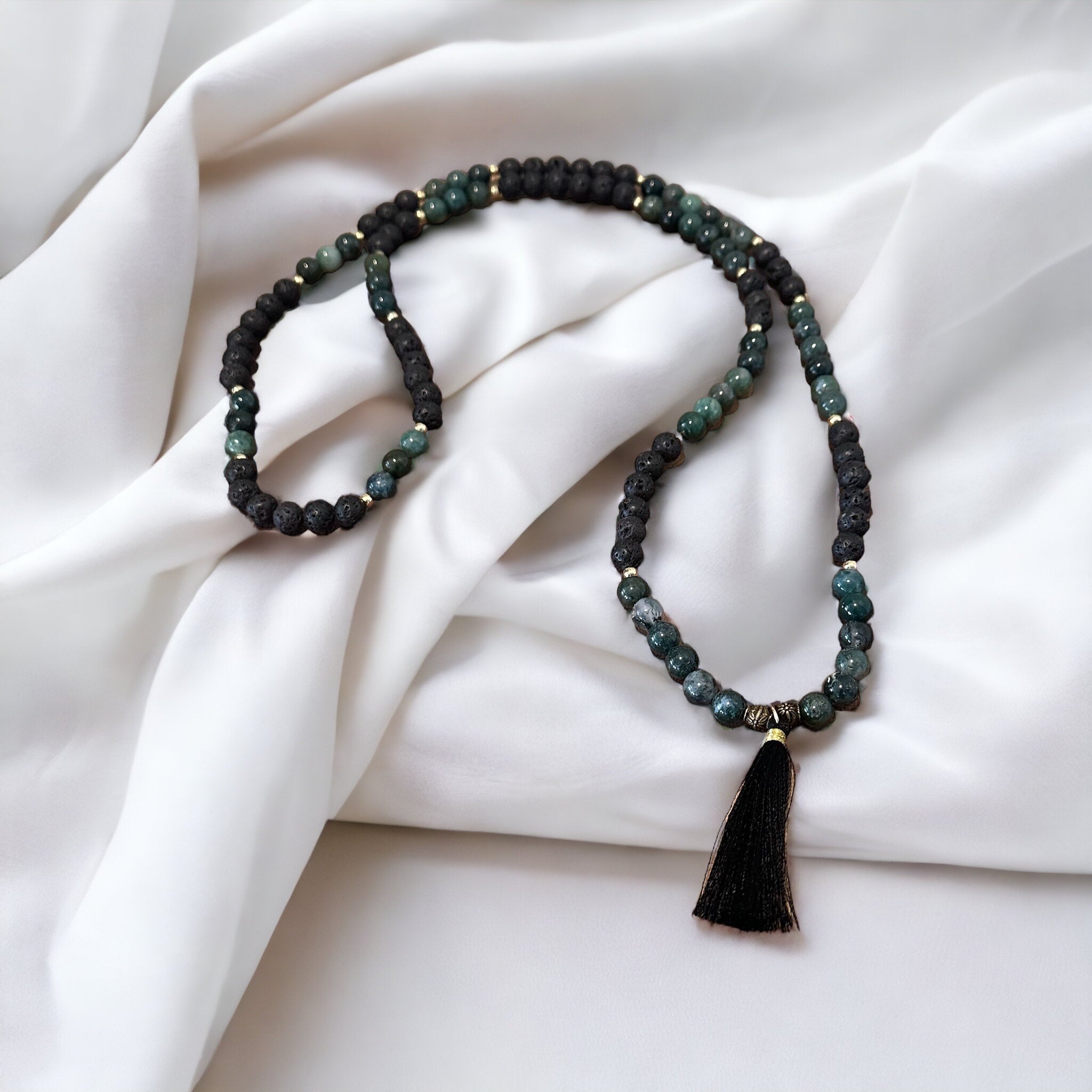 Fancy Beads - Moss Agate, Black Lava, 108 Mala Prayer Beads Necklace/Bracelet