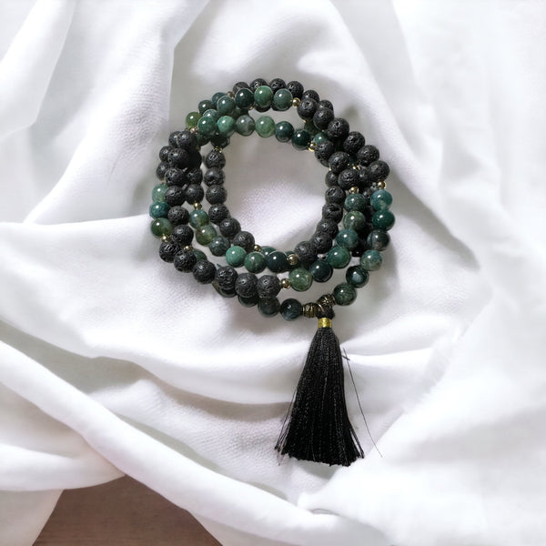 Fancy Beads - Moss Agate, Black Lava, 108 Mala Prayer Beads Necklace/Bracelet