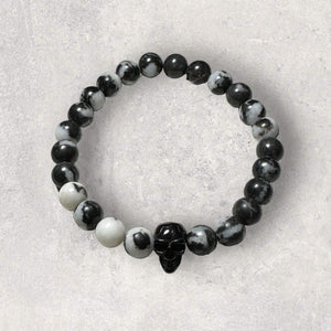 Fancy Beads - Mens Black Zebra Jasper with Black Skull 8mm Bracelet