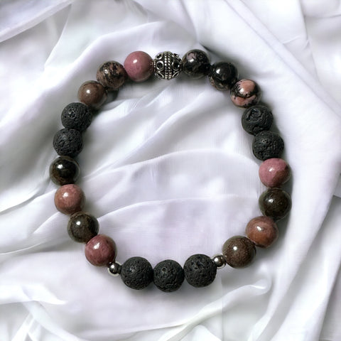 Fancy Beads - 8 mm Rhodonite & Lava Stone Essential Oil Bracelet