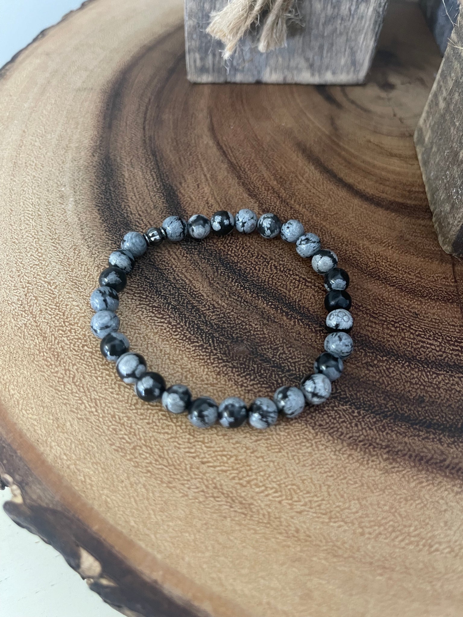 Fancy Beads - 6mm Snowflake Obsidian Bracelet