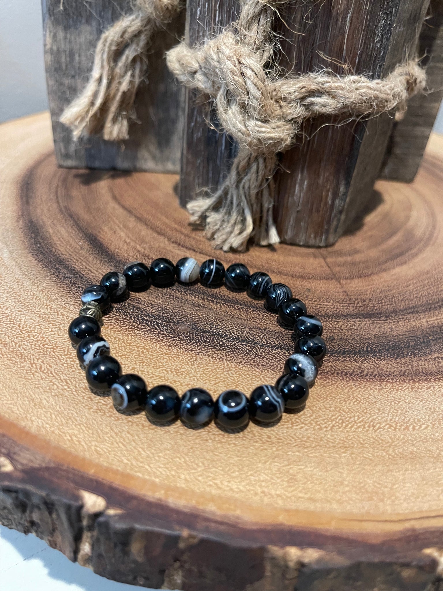 Fancy Beads - 8MM Black Banded Agate Bracelet